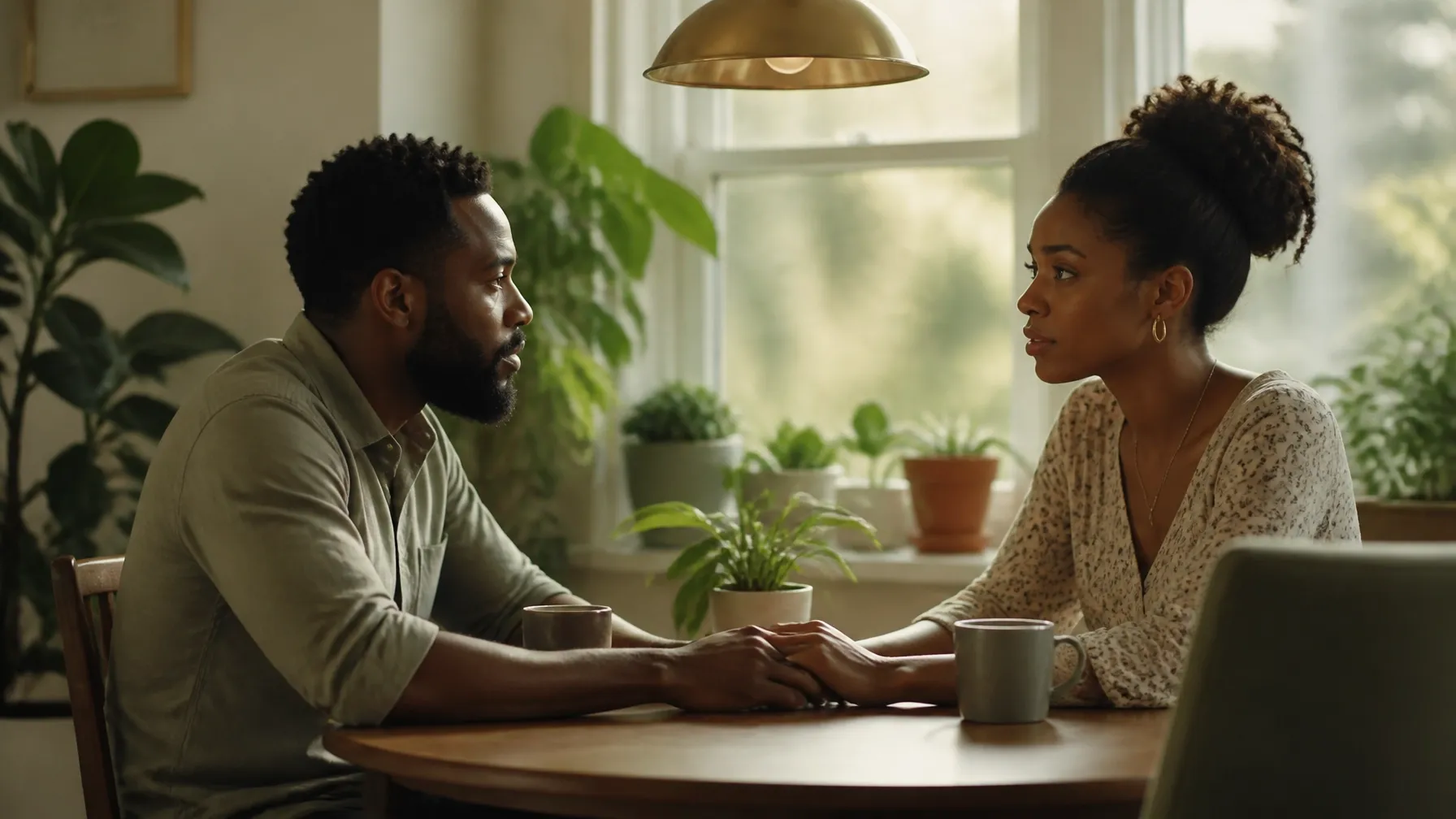 African American couple having a thoughtful conversation across a table at home