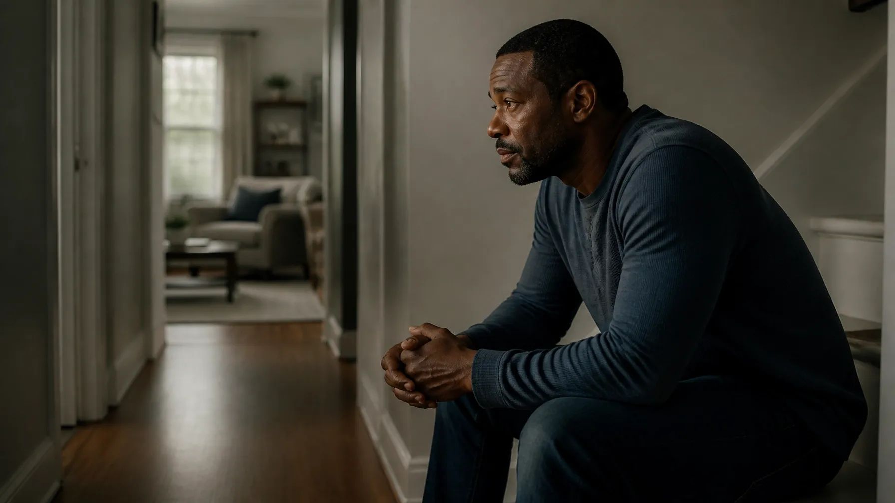 African American man taking a reflective pause in a quiet home