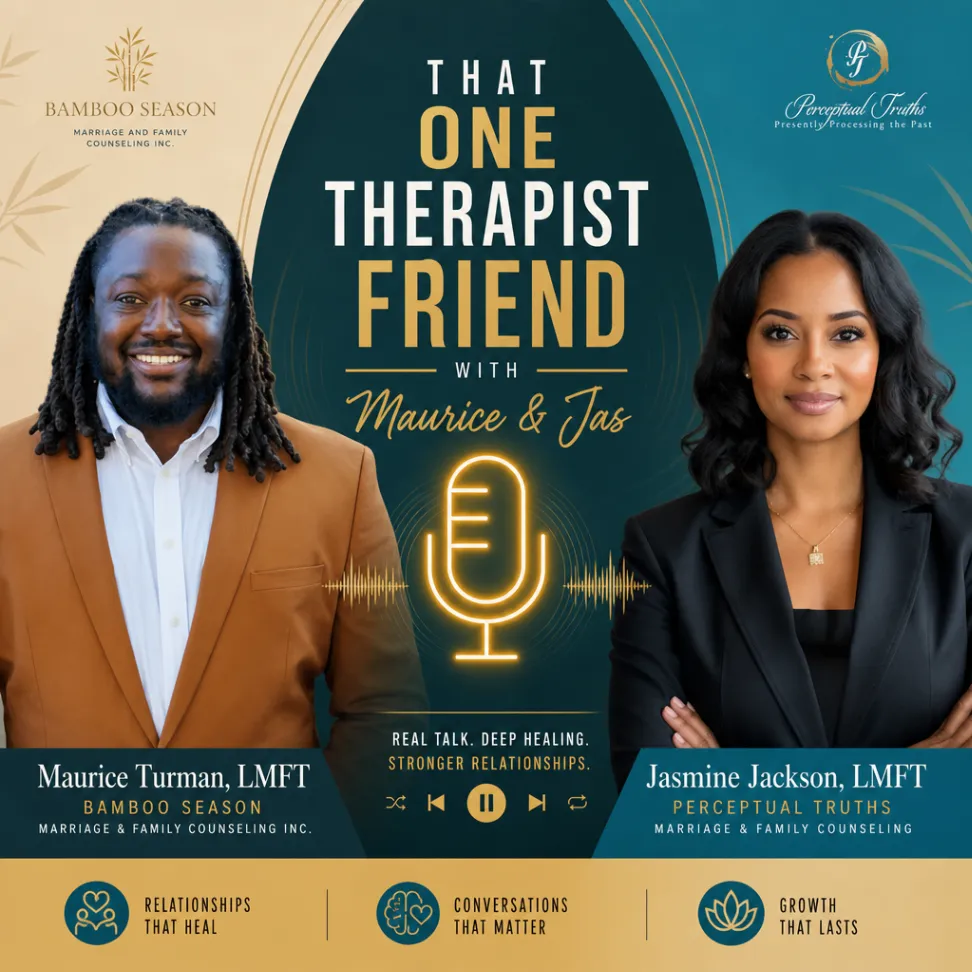 That One Therapist Friend podcast artwork featuring Maurice and Jas