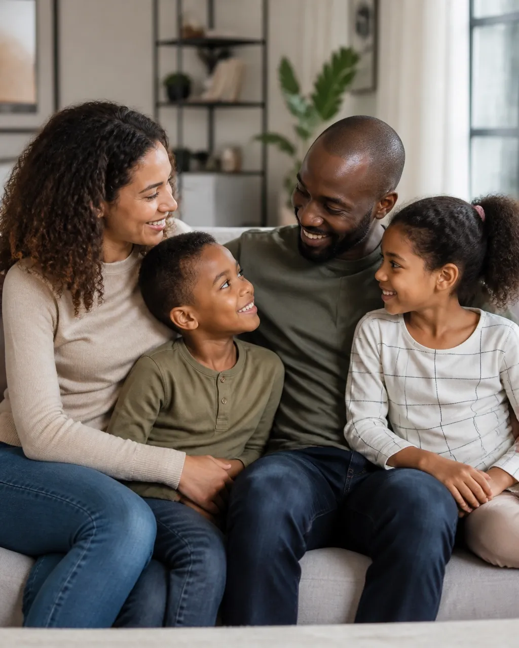 A warm multiracial family of two parents and two children smiling together at home.