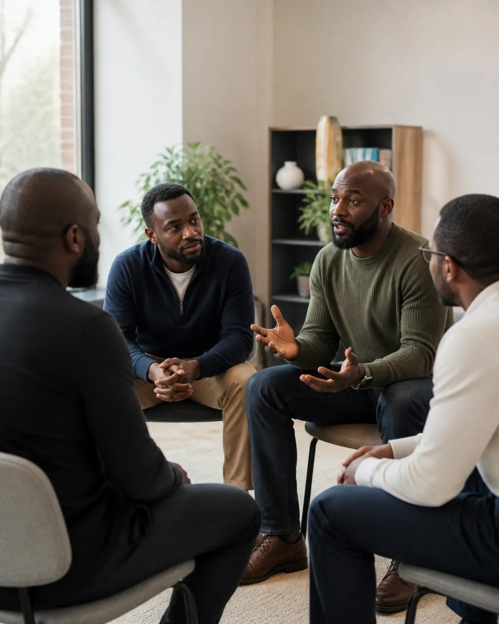Four Black men seated in a welcoming counseling room and engaged in thoughtful conversation.