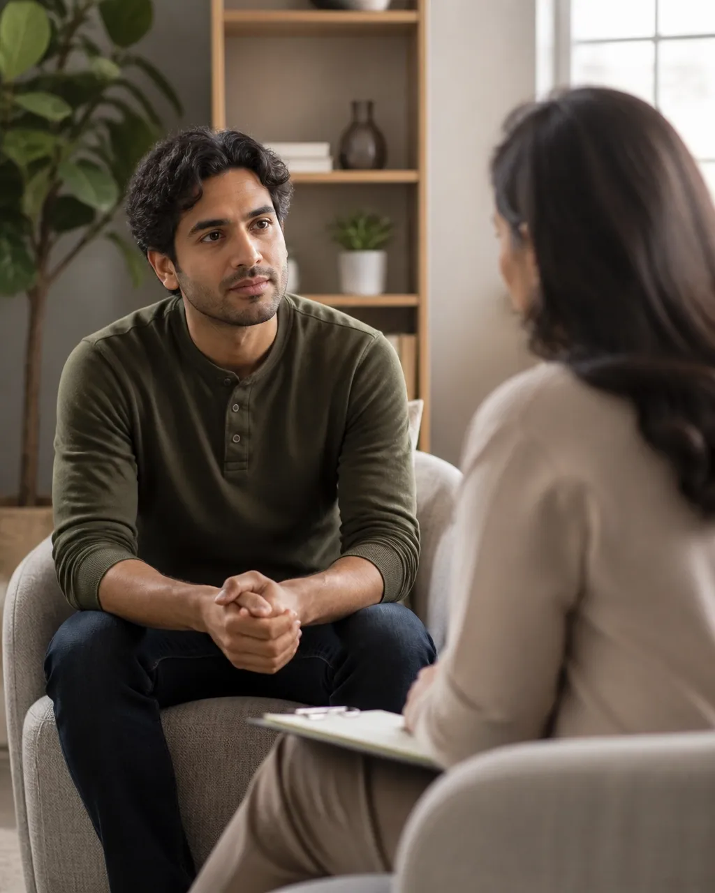 A man with medium-brown skin sits across from a therapist in a softly lit counseling office during an attentive conversation.